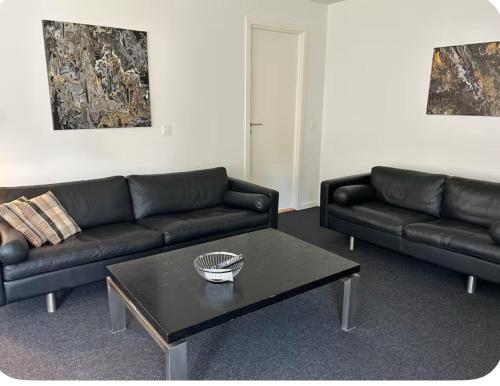 a living room with two black couches and a coffee table at Ammitsbøl Apartment B in Vejle