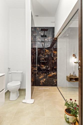 a bathroom with a toilet and a glass wall at Selari Boutique in Bucharest