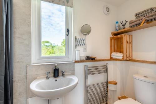 a bathroom with a sink and a window and a toilet at The Warren in Biddenden