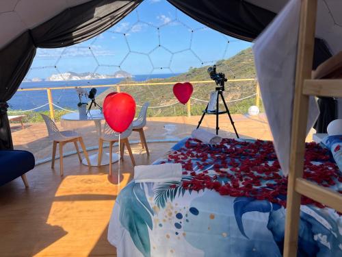 a bedroom with a bed and a view of the ocean at Palmaria Sky Bubbles Room in Ponza
