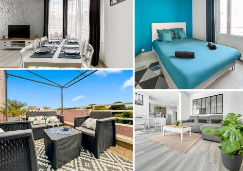 a collage of pictures of a living room and a bedroom at Proche Paris et Disneyland T2 calme avec Terrasse in Noisiel