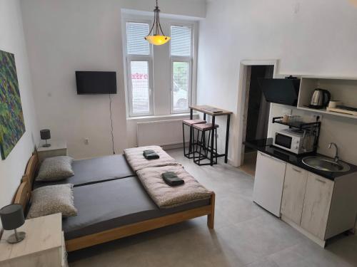 a living room with a couch and a kitchen at Georgi 1 in Subotica