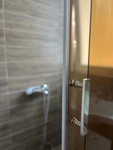a glass shower door with a handle in a bathroom at Stella 2 Apartment in Negotino