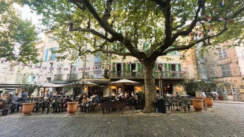 a group of people sitting at tables under a tree at Villabellevie Bargemon Var in Bargemon