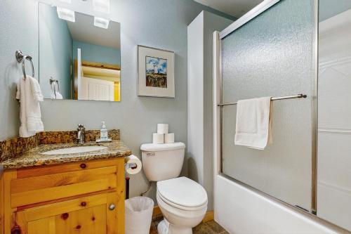 a bathroom with a toilet and a sink and a shower at Neskowin Treehouse in Neskowin