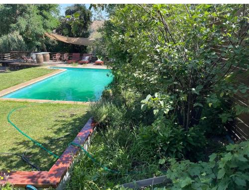 a swimming pool in a garden with a hose at Pirque Raco in Pirque