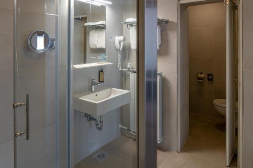 a bathroom with a sink and a shower at Hotel Piramida in Maribor