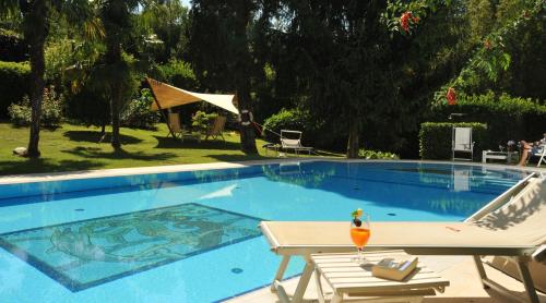 a swimming pool with a drink sitting on a table next to a chair at Hotel Villa Clementina in Bracciano
