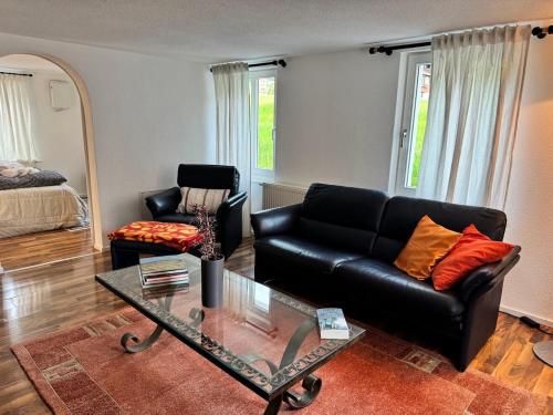 a living room with a black leather couch and a glass table at Bijou Lungern N 1 in Lungern