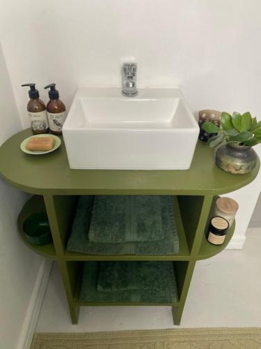 a bathroom with a sink on a green table at Die Kuierhuis - style in the heart of Stanford in Stanford