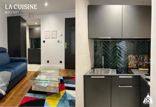 a kitchen and a living room with a blue couch at 18 Montmartre in Paris