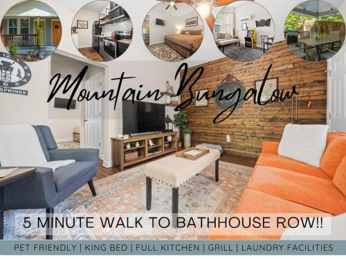 a living room with an orange couch and chairs and mirrors at Mountain Bungalow-Walk to Downtown/Biker's Dream! in Hot Springs