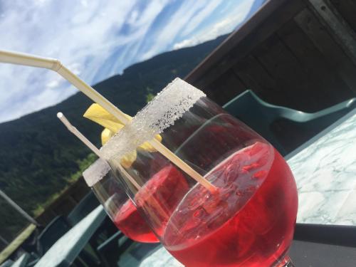 a red drink with two straws in a glass at Hotel Tosa in Madonna di Campiglio