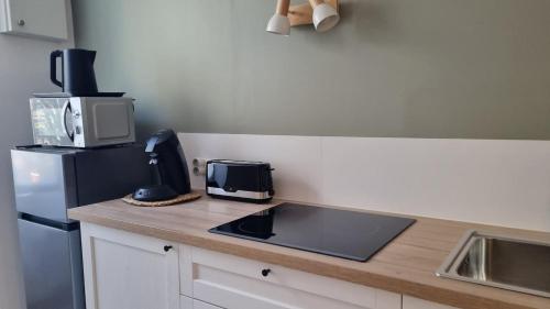 a kitchen with a counter with a microwave and a refrigerator at Les Platanes in Nyons