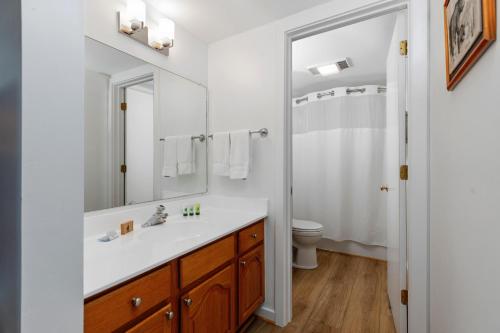 a bathroom with a sink and a mirror at Ledges 72 with Wintergreen Advantage in Wintergreen