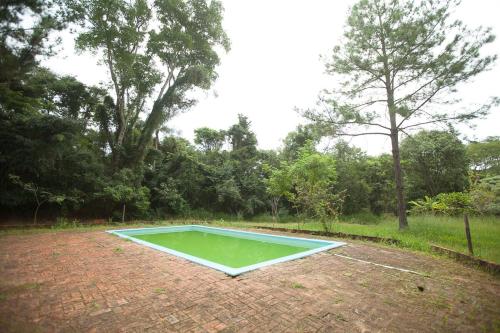 a small green pool sitting on top of a brick yard at Chácara with pool and trails in the Cerrado biome in São Carlos