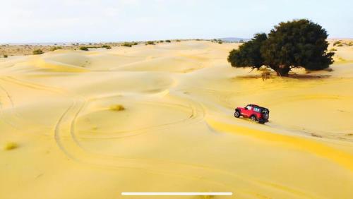 a red truck driving through the desert at The Desert Gateway Resort in Jaisalmer