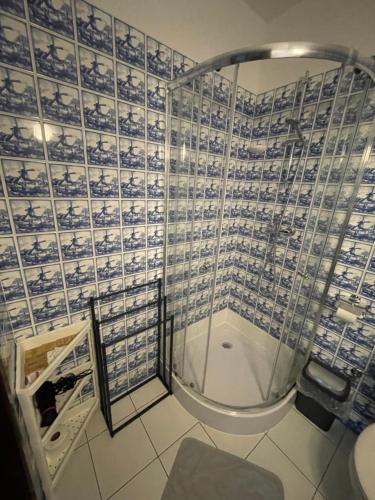a bathroom with a shower with blue and white tiles at Willa Szwadron in Łańcut
