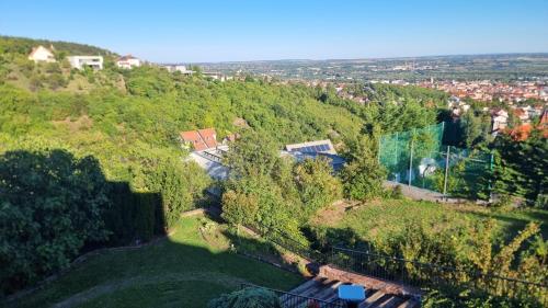 an aerial view of a house on a hill at Apartmanház 2-6 főnek in Pécs