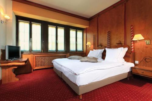 a bedroom with a large white bed and a television at Hotel - Restaurant Le Cerf & Spa in Marlenheim