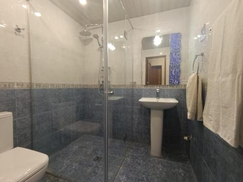 a bathroom with a shower and a sink and a toilet at Benefice Apart in Yerevan