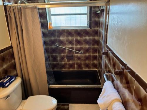a small bathroom with a shower and a toilet at Miami Spacious Executive Suite in Miami