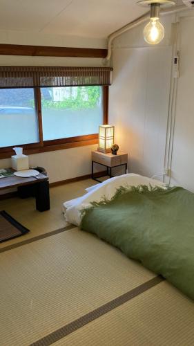 a bedroom with a bed with a green blanket on the floor at Osugi-ya 大杉屋 in Wazuka