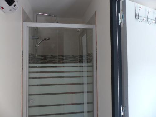 a shower with a glass door in a bathroom at Gîte le Nid du Colibri - 12 pers in Brenoux