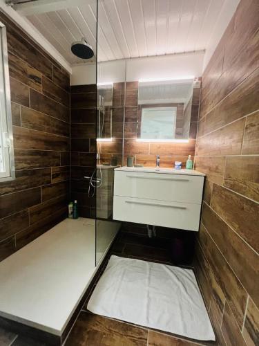 a bathroom with a sink and a glass shower at villa La Poudrière in Deshaies