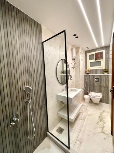 a bathroom with a shower and a sink and a mirror at City plaza pyramids view in Cairo