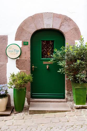 une porte verte dans un bâtiment avec des plantes en pot dans l'établissement Maison Mâje, à Saint-Jean-Pied-de-Port