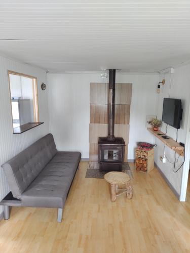 a living room with a couch and a fireplace at Cabaña Ruta Petrohue in Ensenada