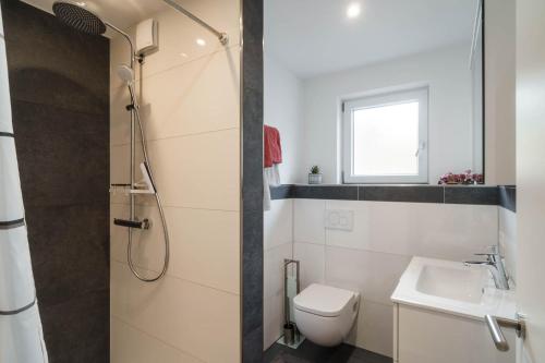 a bathroom with a shower and a toilet and a sink at Anita's Fewo in Ulm
