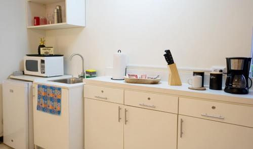 a kitchen with a sink and a microwave at Galeon House in San Rafael