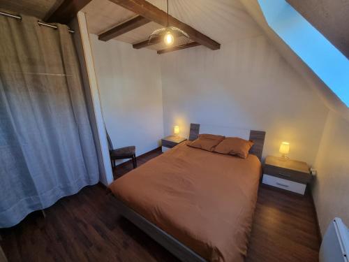 ein Schlafzimmer mit einem Bett und zwei Nachttischen mit zwei Lampen in der Unterkunft NOUVEAU Gite Le Geai Bleu a 5min de La Petite Pierre Terrasse couverte et jardin in Erckartswiller