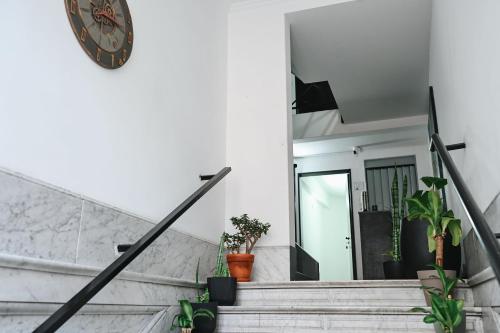 a staircase with a clock on the wall and plants at Habitaciones Temporarias CABA in Buenos Aires