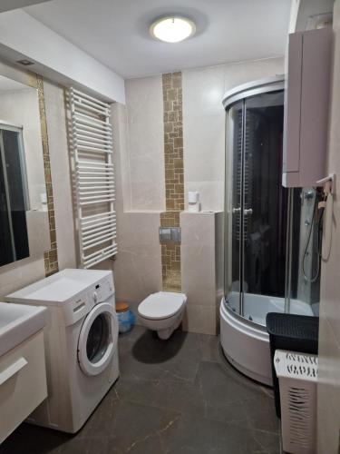 a bathroom with a washing machine and a toilet at Apartamenty Centrum Studio Zagnańska in Kielce