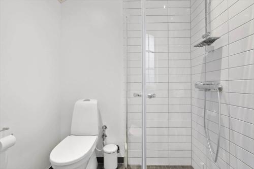 a white bathroom with a toilet and a shower at 6809-Allinge-Aeblebakken-2 in Allinge
