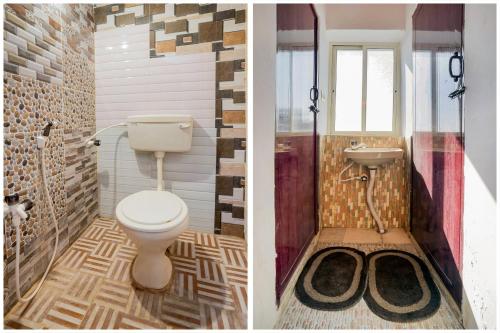 two pictures of a bathroom with a toilet and a sink at Hotel O Welcome Tirupati in Tirupati