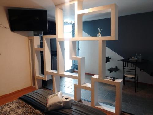 a book shelf in a room with a bed at Hotel Business in El Gallinero