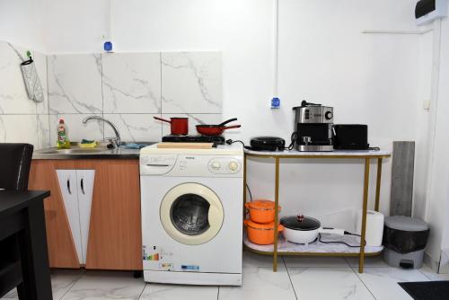 a kitchen with a washing machine and a sink at Luxury Home in Cîmpulung