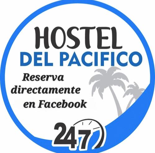 a sign for the hostel del peoria with a palm tree at Hostel del Pacífico Habitación con baño privado y aire acondicionado in Puntarenas