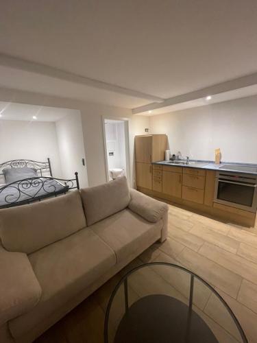 een woonkamer met een bank en een keuken bij Pendler Montagewohnung Kandern, Lörrach, Basel D,CH, FR 