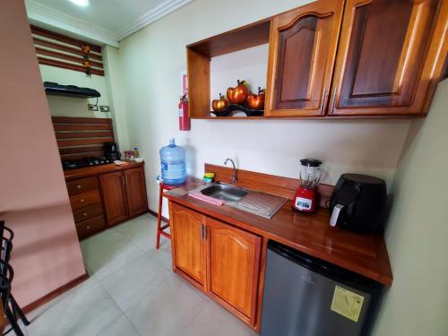 a kitchen with a sink and a counter top at Beautiful view suite Suite vista hermosa in Macas