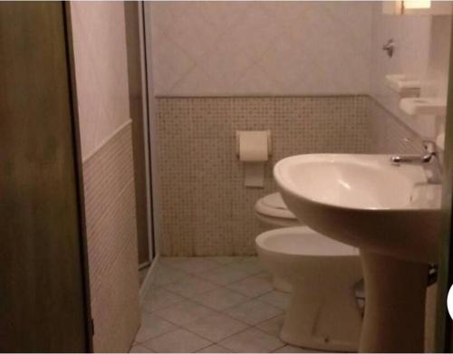 een badkamer met een wastafel, een toilet en een douche bij Appartamento Mariolu 2 in Santa Maria Navarrese