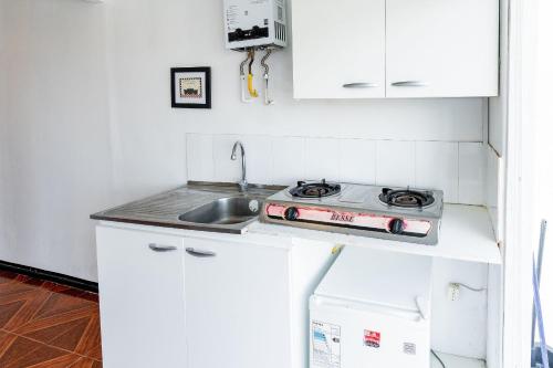 a kitchen with a stove and a sink at Bocamar Aparthotel in Viña del Mar