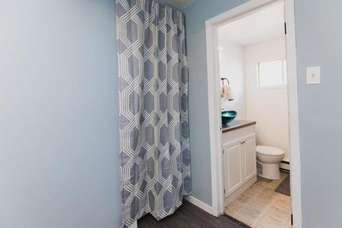 a bathroom with a toilet and a shower curtain at Avenir Centre Suite - Near NBCC - Large Garden in Moncton
