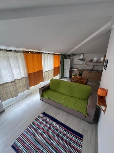 a living room with a green couch and a rug at Casa da Armada in Magoito
