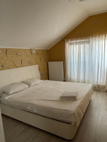 Un dormitorio con una cama grande y una ventana. en Fortuna Mare, en Odessa