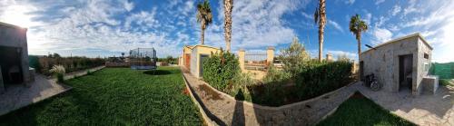 a yard with palm trees and a building with a yard sidx sidx sidx at Appartement avec jardin route Saïdia in Berkawe
